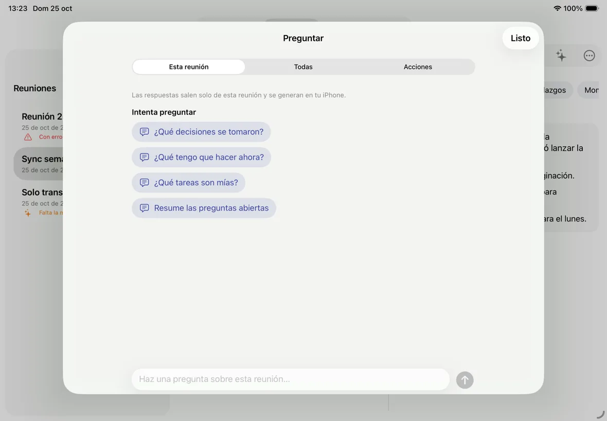 Panneau Demander sur iPad avec des questions suggérées sur la réunion ouverte