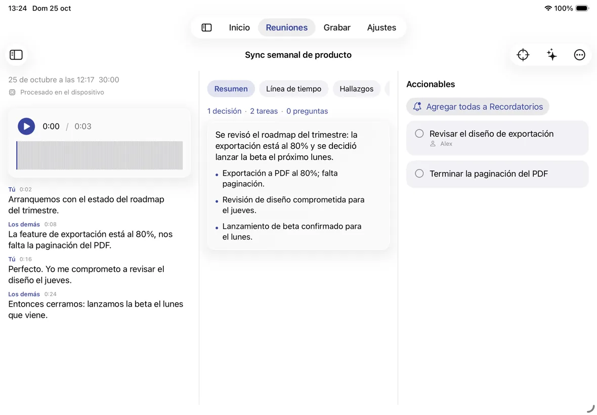 Réunion sur iPad avec la transcription par intervenant, le résumé et les actions côte à côte