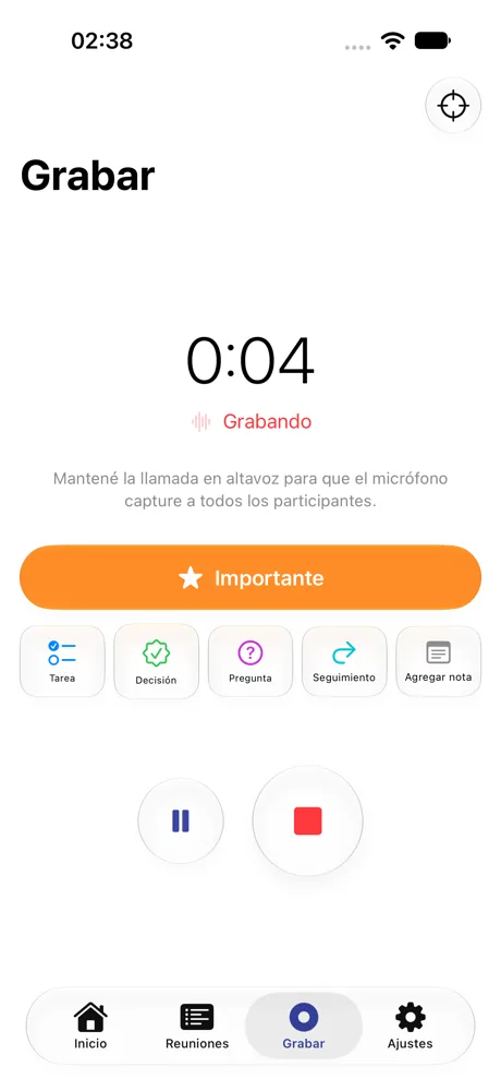 Écran d’enregistrement sur iPhone avec le chronomètre, le bouton Important et des repères tâche, décision, question et suivi
